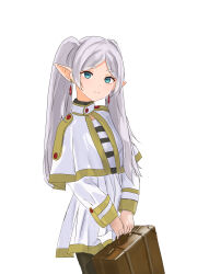 Rule 34 | 1girl, absurdres, aqua eyes, black pantyhose, capelet, closed mouth, commentary, dress, earrings, elf, eyelashes, flat chest, frieren, gold trim, grey hair, highres, holding, holding suitcase, jewelry, joylispark, long hair, looking to the side, pantyhose, parted bangs, pointy ears, short eyebrows, short sleeves, simple background, sleeve cuffs, smile, solo, sousou no frieren, suitcase, thick eyebrows, three quarter view, twintails, v arms, white background, white dress