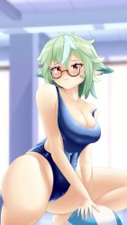 1girl absurdres animal_ears ball beachball blue_one-piece_swimsuit blush breasts cleavage genshin_impact glasses green_hair highres looking_at_viewer one-piece_swimsuit orange_eyes pool sucrose_(genshin_impact) swimsuit takie_arts thick_thighs thighs