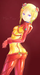 Rule 34 | 1girl, absurdres, arched back, ass, blonde hair, blue eyes, breasts, character name, closed mouth, colored eyelashes, cosplay, from side, gloves, gundam, gundam zz, hair between eyes, highres, interface headset, jj (ssspulse), looking at viewer, neon genesis evangelion, own hands together, plugsuit, puru two, rebuild of evangelion, red background, red gloves, see-through, short hair, simple background, skin tight, small breasts, solo, souryuu asuka langley, souryuu asuka langley (cosplay), standing, swept bangs