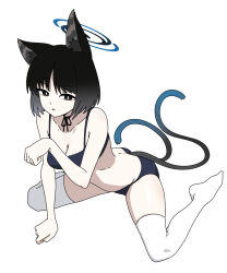 Rule 34 | 1girl, animal ears, ass, black bra, black eyes, black hair, black panties, blue archive, blue halo, bra, breasts, cat ears, cat tail, cleavage, collarbone, full body, halo, highres, kikyou (blue archive), medium breasts, multiple tails, nyaru (nyaru 4126), panties, parted lips, short hair, simple background, solo, tail, thighhighs, two tails, underwear, white background, white thighhighs
