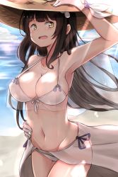 Rule 34 | arm up, armpits, beach, black hair, breasts, cleavage, collarbone, day, girls&#039; frontline, gloves, hakuya (white night), hat, highres, large breasts, long hair, ocean, type 95 (girls&#039; frontline), solo, straw hat, swimsuit, yellow eyes