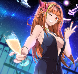 Rule 34 | 1girl, ahoge, alternate costume, alternate hairstyle, armpit peek, black dress, blonde hair, blunt bangs, bow, bracelet, braid, breasts, center opening, cleavage, cloud, commentary, cowboy shot, cup, dragon horns, dress, drinking glass, fence, formal, full moon, garashi26004, grin, hairband, highres, hololive, horn bow, horn ornament, horns, jewelry, kiryu coco, large breasts, long hair, looking at viewer, moon, multicolored hair, nail polish, necklace, night, night sky, one eye closed, orange hair, outdoors, outstretched arm, parted lips, ponytail, red bow, red eyes, red nails, side braid, sky, sleeveless, sleeveless dress, smile, solo, spaghetti strap, star (sky), starry sky, streaked hair, striped, striped bow, teeth, two-tone hair, virtual youtuber, wine glass