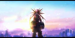 Rule 34 | 1boy, backlighting, bakugou katsuki, black pants, blonde hair, boku no hero academia, building, cityscape, from behind, highres, lens flare, letterboxed, looking afar, male focus, mkm (mkm storage), outdoors, pants, signature, sky, solo, spiked hair, sunrise