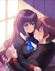 Rule 34 | 1boy, 1girl, a-chan senpai, artist name, backlighting, black jacket, blazer, blue bow, blue eyes, blush, bow, breasts, brown hair, closed eyes, collared shirt, commentary, day, facing another, feigning sleep, from side, hetero, highres, hug, indoors, jacket, large breasts, light particles, light rays, little busters!, little busters! school uniform, long hair, long sleeves, looking at another, miiizuno lbs, natsume kyousuke, parted lips, profile, purple hair, school uniform, shirt, short hair, shy, sunbeam, sunlight, sweatdrop, upper body, very long hair, wavy hair, white shirt, window