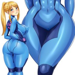 Rule 34 | 1girl, :3, ass, blonde hair, blue eyes, bodysuit, breasts, cameltoe, covered erect nipples, covered navel, curvy, from behind, hand on own hip, hip focus, huge ass, large breasts, legs, lips, long hair, looking at viewer, looking back, metroid, multiple views, naughty face, navel, nintendo, ponytail, samus aran, sideboob, sidelocks, skin tight, smile, standing, stomach, thelorope, thick thighs, thighs, white background, wide hips, zero suit