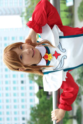 Rule 34 | 1girl, apron, asian, blurry, chippi, cosplay, depth of field, highres, looking at viewer, maid, maid apron, miya clochette, miya clochette (cosplay), my-otome, outdoors, photo (medium), school uniform, short hair, sideways, smile, solo, standing