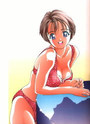Rule 34 | 1girl, artbook, bent over, blue eyes, bra, breasts, brown hair, checkered bra, checkered clothes, checkered panties, cleavage, highres, lingerie, original, panties, plaid, plaid bra, plaid panties, short hair, solo, u-jin, underwear, underwear only
