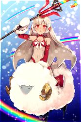 Rule 34 | 1girl, absurdres, altera (fate), altera the santa (fate), bare shoulders, blunt bangs, blush, breasts, bubble, choker, cleavage, collarbone, dark-skinned female, dark skin, detached sleeves, earmuffs, fate/grand order, fate (series), full-body tattoo, gloves, headdress, highres, holding, holding weapon, midriff, mittens, navel, open mouth, photon ray (fate), ponita, rainbow, red eyes, red footwear, revealing clothes, riding, sheep, short hair, small breasts, solo, stomach, tan, tattoo, veil, weapon, white gloves, white hair, white mittens