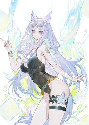 Rule 34 | 1girl, absurdres, animal ears, bad anatomy, bare shoulders, black choker, black one-piece swimsuit, character request, choker, covered navel, cowboy shot, echj, eyewear on head, grey hair, hand up, highres, horse ears, long hair, looking at viewer, nail polish, one-piece swimsuit, pink nails, purple eyes, smile, solo, standing, sunglasses, swimsuit, tail, thigh strap, thighs, umamusume, very long hair