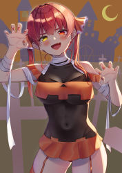 Rule 34 | 1girl, :d, bandaged arm, bandages, bare shoulders, blush, bodystocking, breasts, claw pose, cleavage, commentary request, covered navel, cowboy shot, crop top, fang, garter straps, hair between eyes, hair ribbon, heterochromia, highres, hololive, houshou marine, large breasts, long hair, looking at viewer, nail polish, nyaa28, open mouth, orange skirt, red eyes, red hair, red nails, red ribbon, ribbon, see-through, see-through cleavage, skin fang, skirt, smile, solo, standing, twintails, virtual youtuber, yellow eyes