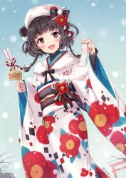 Rule 34 | 1girl, :d, arrow (projectile), bell, blue sky, blush, brown eyes, brown hair, commentary request, day, dutch angle, ema, floral print, flower, fur collar, fur hat, hair bun, hair flower, hair ornament, hamaya, hat, holding, holding arrow, japanese clothes, jingle bell, kimono, long sleeves, nyanya, obi, omikuji, open mouth, original, outdoors, print kimono, red flower, sash, side bun, single hair bun, single side bun, sky, smile, snowing, solo, torii, twitter username, white hat, white kimono, wide sleeves