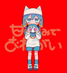 Rule 34 | 1girl, aimaina, amagami de onegai (vocaloid), animal ear headwear, biting, black outline, blue eyes, blue hair, blue shorts, blue socks, blush stickers, character doll, fake animal ears, fangs, hair between eyes, highres, holding, looking at viewer, official art, outline, print shirt, red background, sandals, shirt, shorts, socks, solo, standing, terada tera, text background, white footwear, white shirt