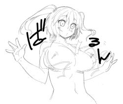 Rule 34 | 1girl, bikini, blush, breasts, closed mouth, commentary request, greyscale, hair bobbles, hair ornament, large breasts, monochrome, navel, one-hour drawing challenge, onozuka komachi, pera-o, short hair, simple background, sketch, solo, swimsuit, touhou, two side up, upper body, wardrobe malfunction