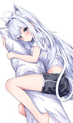 Rule 34 | 1girl, animal ear fluff, animal ear piercing, animal ears, antenna hair, auroraescientia, barefoot, black shorts, blue eyes, blush, body pillow, breasts, cat ears, cat girl, cat tail, dutch angle, extra ears, hair intakes, highres, holding, holding pillow, long hair, looking at viewer, medium breasts, midriff, original, pillow, shirt, shorts, solo, spiked ear piercing, tail, very long hair, white hair, white shirt