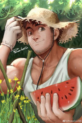 Rule 34 | 1boy, bara, bare arms, bare shoulders, beard, brown hair, facial hair, gloves, green eyes, hat, highres, large pectorals, looking at viewer, male focus, mature male, muscular, muscular male, original, pectoral cleavage, pectorals, powerlesssong, short hair, smile, solo, stubble, sun hat, sunlight, sweat, tank top, upper body, watermelon, watermelon slice, white gloves, white tank top