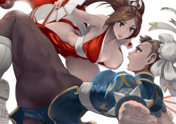 Rule 34 | 2girls, agira, ass, blue panties, boots, bracelet, breasts, brown eyes, brown hair, brown legwear, bun cover, capcom, china dress, chinese clothes, chun-li, cleavage, covered erect nipples, crossover, double bun, dress, dual wielding, fatal fury, folding fan, hair bun, hand fan, highres, holding, jewelry, large breasts, lipstick, long hair, makeup, multiple girls, ninja, open mouth, panties, pantyhose, pelvic curtain, ponytail, puffy short sleeves, puffy sleeves, revealing clothes, sash, shiranui mai, short sleeves, simple background, snk, spiked bracelet, spikes, street fighter, the king of fighters, underwear, white background, white footwear