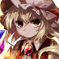 Rule 34 | 1girl, angry, ascot, blonde hair, brooch, closed mouth, collared shirt, commentary request, crossed bangs, crystal, face, flandre scarlet, hair between eyes, hat, jewelry, maa (forsythia1729), medium hair, mob cap, puffy short sleeves, puffy sleeves, red eyes, red vest, shirt, short sleeves, side ponytail, touhou, v-shaped eyebrows, vest, white ascot, white hat, white shirt, wings
