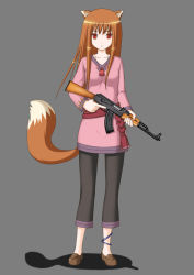 Rule 34 | 00s, 1girl, ak-47, animal ears, assault rifle, bad id, bad pixiv id, grey background, gun, holo, kagurazaka yuu, kaguzaka yuu, kalashnikov, kalashnikov rifle, red eyes, rifle, simple background, solo, spice and wolf, tail, trigger discipline, weapon, wolf ears, wolf tail