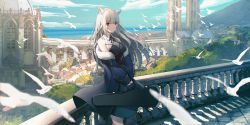 Rule 34 | 1girl, animal ear fluff, animal ears, bird, black dress, black jacket, black neckwear, blue sky, braid, building, church, cityscape, closed mouth, cloud, collared shirt, day, dress, expressionless, fantasy, frilled shirt, frills, fur trim, hair blowing, highres, holding, holding case, holding instrument, horizon, instrument, instrument case, jacket, long hair, looking at viewer, ocean, original, outdoors, railing, red eyes, rooftop, sagiri (ulpha220), scenery, shirt, silver hair, sky, solo, standing, tree, viaduct, white bird, white birds, white shirt