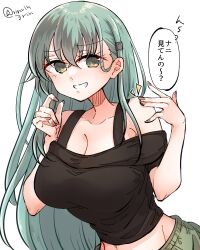 Rule 34 | 1girl, aqua eyes, aqua hair, black shirt, breasts, cleavage, commentary request, grey eyes, grin, groin, hair ornament, hairclip, highres, kantai collection, large breasts, long hair, matsunaga (haku), midriff, nail polish, pink nails, shirt, simple background, smile, solo, suzuya (kancolle), translation request, twitter username, white background