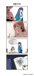Rule 34 | 2girls, :d, ahoge, berry, black choker, blue eyes, blue hair, blunt bangs, book, brown eyes, brown hair, choker, coat, comic, denim, earrings, english text, glasses, green coat, hair intakes, high-waist pants, highres, hime cut, holding, holding book, hololive, hololive english, jeans, jewelry, long hair, multicolored hair, multiple girls, nanashi mumei, nanashi mumei (casual), necklace, notebook, official alternate costume, open mouth, ouro kronii, ouro kronii (casual), pants, paper, pen, red shirt, round eyewear, runes, scribble, shirt, sidelocks, smile, sparkle, streaked hair, sweater, taka t, thought bubble, turtleneck, virtual youtuber, white shirt, white sweater