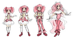 Rule 34 | adapted costume, aged up, alternate hair length, alternate hairstyle, choker, dress, frilled dress, frilled sleeves, frills, gloves, hand on own hip, hand up, hands on own hips, kaname madoka, magical girl, mahou shoujo madoka magica, mahou shoujo madoka magica (anime), multiple persona, non-web source, pants, red choker, red footwear, simple background, smile, tagme, ultimate madoka, white background, white gloves