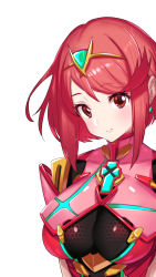Rule 34 | 1girl, breasts, chest jewel, earrings, female focus, gem, green322, head tilt, headpiece, highres, impossible clothes, jewelry, large breasts, looking at viewer, matching hair/eyes, nintendo, pyra (xenoblade), red eyes, red hair, short hair, simple background, skin tight, smile, solo, swept bangs, tiara, upper body, white background, xenoblade chronicles (series), xenoblade chronicles 2