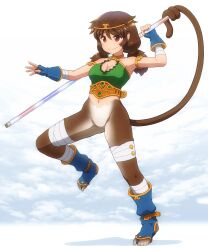 Rule 34 | 1girl, alternate costume, animal ears, bare shoulders, blue gloves, breasts, breath of fire, breath of fire ii, brown fur, brown hair, circlet, cleavage, crop top, fingerless gloves, full body, gloves, highres, holding, holding test tube, low twintails, medium breasts, monkey ears, monkey girl, monkey tail, prehensile tail, red eyes, rinpoo chuan, ruyi jingu bang, shirosato, smile, solo, son biten, tail, test tube, touhou, twintails