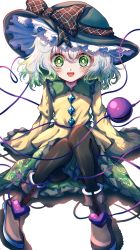 Rule 34 | 1girl, absurdres, black footwear, black hat, black pantyhose, blush, commentary, eyeball, frilled shirt collar, frilled skirt, frilled sleeves, frills, green eyes, green skirt, hair between eyes, hat, heart, heart of string, highres, kayon (touzoku), komeiji koishi, looking at viewer, medium hair, open mouth, pantyhose, shirt, shoes, simple background, skirt, sleeves past fingers, sleeves past wrists, solo, third eye, touhou, white background, white hair, wide sleeves, yellow shirt