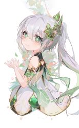 Rule 34 | 1girl, absurdres, eyebrows hidden by hair, flower, genshin impact, green eyes, grey hair, hair between eyes, hair flower, hair ornament, hairclip, highres, leaf, long hair, looking at viewer, nahida (genshin impact), pointy ears, ponytail, simple background, skirt, smile, solo, white background, yutou (yutou75)