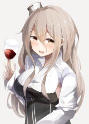 Rule 34 | 10s, 1girl, alcohol, bad id, bad pixiv id, blush, breasts, brown eyes, cup, drinking glass, hat, highres, kantai collection, light brown hair, long hair, mini hat, miyabino (miyabi1616), open mouth, pola (kancolle), sideboob, simple background, smile, solo, wavy hair, wine, wine glass