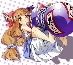 Rule 34 | 1girl, :o, barefoot, blonde hair, bloomers, blush, bow, chain, feet, female focus, gourd, hair bow, holding, horns, ibuki suika, legs up, long hair, lying, on back, oversized object, red eyes, sankuro (agoitei), solo, touhou, underwear
