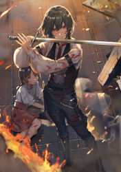 Rule 34 | 1boy, 1girl, black hair, blood, blood on clothes, blood on face, braid, child, collared shirt, copyright request, cuts, embers, fighting stance, fire, green eyes, hair between eyes, holding, holding sword, holding weapon, injury, korean commentary, long sleeves, looking at another, looking at viewer, lying, necktie, novel illustration, official art, on side, protecting, red eyes, red necktie, rubble, serious, shirt, short hair, short sleeves, skirt, sssttt, sword, teardrop, twintails, vest, weapon