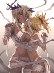 Rule 34 | 2girls, artoria pendragon (fate), artoria pendragon (lancer alter) (fate), ass, bandaged arm, bandaged hand, bandaged leg, bandaged neck, bandages, bare shoulders, blonde hair, breasts, claw pose, closed mouth, fate/apocrypha, fate/grand order, fate (series), green eyes, hair between eyes, hair ornament, hair scrunchie, highres, large breasts, long hair, looking at viewer, mordred (fate), mordred (fate/apocrypha), multiple girls, mummy costume, nail polish, navel, ponytail, pout, purple nails, red scrunchie, scrunchie, small breasts, tonee