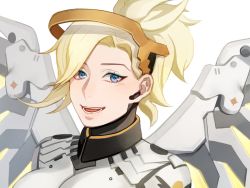 Rule 34 | 1girl, blonde hair, blue eyes, bodysuit, breasts, halo, high collar, highres, looking at viewer, mechanical halo, mechanical wings, mercy (overwatch), open mouth, overwatch, overwatch 1, ponytail, simple background, smile, solo, turtleneck, upper body, white background, wings