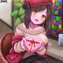 Rule 34 | 1girl, :d, black bow, black pantyhose, black skirt, blush, bow, box, breasts, brown hair, cleavage, commission, dairoku ryouhei, gift, hat, hat bow, hatejima raichi, heart-shaped box, indoors, jewelry, looking at viewer, necklace, open mouth, pantyhose, pencil skirt, red hat, skirt, smile, stained glass, sweater, yellow eyes