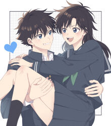 Rule 34 | 1boy, 1girl, arms around neck, black socks, blue eyes, brown hair, carrying, commentary request, couple, eye contact, floating hair, grin, hand on another&#039;s back, hand on another&#039;s thigh, heart, hetero, highres, holding, kuroba kaito, long hair, looking at another, magic kaito, nakamori aoko, open mouth, pleated skirt, princess carry, sailor collar, sailor shirt, school uniform, shirt, short hair, side part, skirt, smile, socks, yu si02