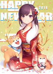 Rule 34 | 1girl, 2018, :d, ball, blush, breasts, chinese zodiac, commentary request, dog, english text, floral print, flower, flower request, from side, fur trim, hair flower, hair ornament, happy new year, japanese clothes, kimono, kyuri tizu, large breasts, long hair, long sleeves, looking at viewer, new year, obi, open mouth, original, purple eyes, purple hair, red kimono, sash, seiza, sitting, smile, temari ball, year of the dog