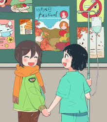 Rule 34 | 1boy, 1girl, black hair, brown hair, brown pants, closed eyes, coat, commentary, english commentary, green coat, green pants, green shirt, hair between eyes, holding hands, looking at another, mimi n, no smoking, open mouth, orange scarf, original, pants, pointing, poster (object), scarf, shirt, short hair, sidelocks
