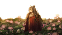Rule 34 | 1girl, ap5ry, black jacket, breasts, brown hair, closed eyes, closed mouth, coat, coat on shoulders, flower, fur-trimmed coat, fur trim, head tilt, jacket, library of ruina, long hair, long sleeves, lotus, lotus leaf, medium breasts, pink flower, project moon, red coat, solo, upper body, very long hair, white background, xiao (project moon)