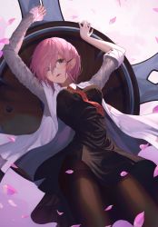 Rule 34 | 1girl, absurdres, black dress, black pantyhose, blue eyes, breasts, cherry blossoms, cowboy shot, dress, eyes visible through hair, fate/grand order, fate (series), glasses, grey sleeves, hair between eyes, highres, huge filesize, jacket, long sleeves, looking at viewer, mash kyrielight, medium breasts, necktie, open clothes, open jacket, open mouth, pantyhose, pink hair, red necktie, rimless eyewear, shield, short dress, short hair, solo, standing, thigh strap, white jacket, xeonomi