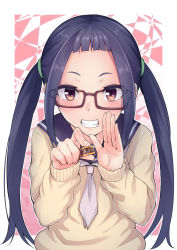 Rule 34 | 1girl, :d, blue hair, blush, brown-framed eyewear, brown eyes, cardigan, chocolate, coupe50, food, glasses, grin, highres, holding, holding chocolate, holding food, incoming gift, long hair, long sleeves, looking at viewer, neckerchief, oogaki chiaki, open mouth, school uniform, serafuku, sidelocks, sleeves past wrists, smile, solo, twintails, valentine, very long hair, white neckerchief, yurucamp