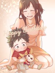 Rule 34 | 1boy, 1girl, aged down, all might, baby bottle, blush, boku no hero academia, bottle, breasts, brown background, character doll, character print, child, closed eyes, commentary request, freckles, full body, green eyes, green hair, green socks, happy birthday, highres, holding, holding bottle, inata, long hair, midoriya inko, midoriya izuku, mother and son, open mouth, pink shirt, red shirt, seiza, shirt, short hair, short sleeves, shorts, simple background, sitting, skirt, smile, socks