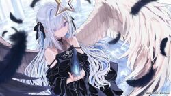 Rule 34 | 1girl, amane kanata, angel, angel wings, black dress, black feathers, black wings, blue hair, blue nails, colored inner hair, company name, copyright name, dress, feathers, grey hair, hair intakes, hair ornament, hair ribbon, hairclip, hinomaru (futagun), hololive, jewelry, long hair, looking at viewer, multicolored hair, multicolored wings, nail polish, necklace, official art, purple eyes, ribbon, solo, two side up, virtual youtuber, white wings, wings