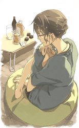 Rule 34 | 1girl, alcohol, barefoot, blue eyes, bottle, brown hair, chocolate, cup, drinking glass, eyewear strap, glasses, looking back, original, red-framed eyewear, seu kaname, shorts, sitting, solo, string, sweater, table