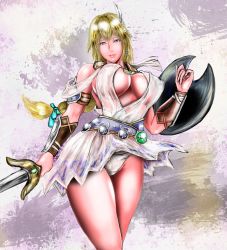 Rule 34 | 1girl, blonde hair, breasts, highres, large breasts, shield, solo, sophitia alexandra, soul calibur, sword, weapon