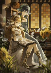 Rule 34 | 2girls, animal ears, baiguiyu, bare shoulders, black hair, blonde hair, blunt bangs, blurry, book, book on lap, brown theme, cabinet, clock, commentary request, depth of field, dress, expressionless, fantasy, flower, full body, gloves, gold trim, gorget, green eyes, headwear request, high heels, highres, indoors, jewelry, knees together feet apart, long hair, looking at viewer, multiple girls, open book, original, sitting, standing, sunflower