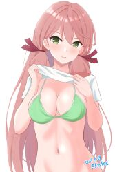 1girl akashi_(kancolle) alternate_costume ame-san bikini blunt_tresses clothes_lift commentary_request dated green_bikini green_eyes hair_ribbon highres kantai_collection lifting_own_clothes long_hair looking_at_viewer navel pink_hair ribbon shirt_lift simple_background solo swimsuit tress_ribbon twitter_username upper_body white_background