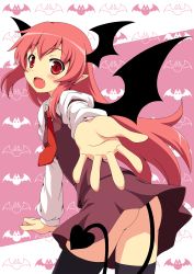 Rule 34 | 1girl, absurdres, ass, bat (animal), bat wings, beckoning, black hair, black thighhighs, demon tail, embodiment of scarlet devil, female focus, head wings, highres, koakuma, long hair, necktie, no panties, outstretched hand, pointy ears, red eyes, red hair, red necktie, solo, tail, thighhighs, touhou, wings, yamasan