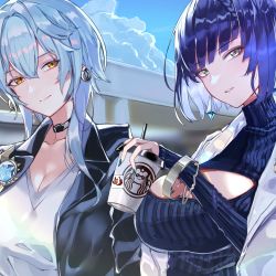 Rule 34 | 2girls, black jacket, blue hair, blue nails, blue sky, blue sweater, blunt bangs, bob cut, breasts, casual, choker, cleavage, closed mouth, cloud, coffee cup, cup, diagonal bangs, disposable cup, drinking straw, earrings, eula (genshin impact), genshin impact, green eyes, hair between eyes, highres, holding, holding cup, jacket, jacket on shoulders, jewelry, large breasts, medium hair, multicolored hair, multiple girls, nail polish, outdoors, ribbed sweater, sas (ls08b), short hair, sky, smile, sweater, turtleneck, turtleneck sweater, vision (genshin impact), white jacket, yelan (genshin impact), yellow eyes